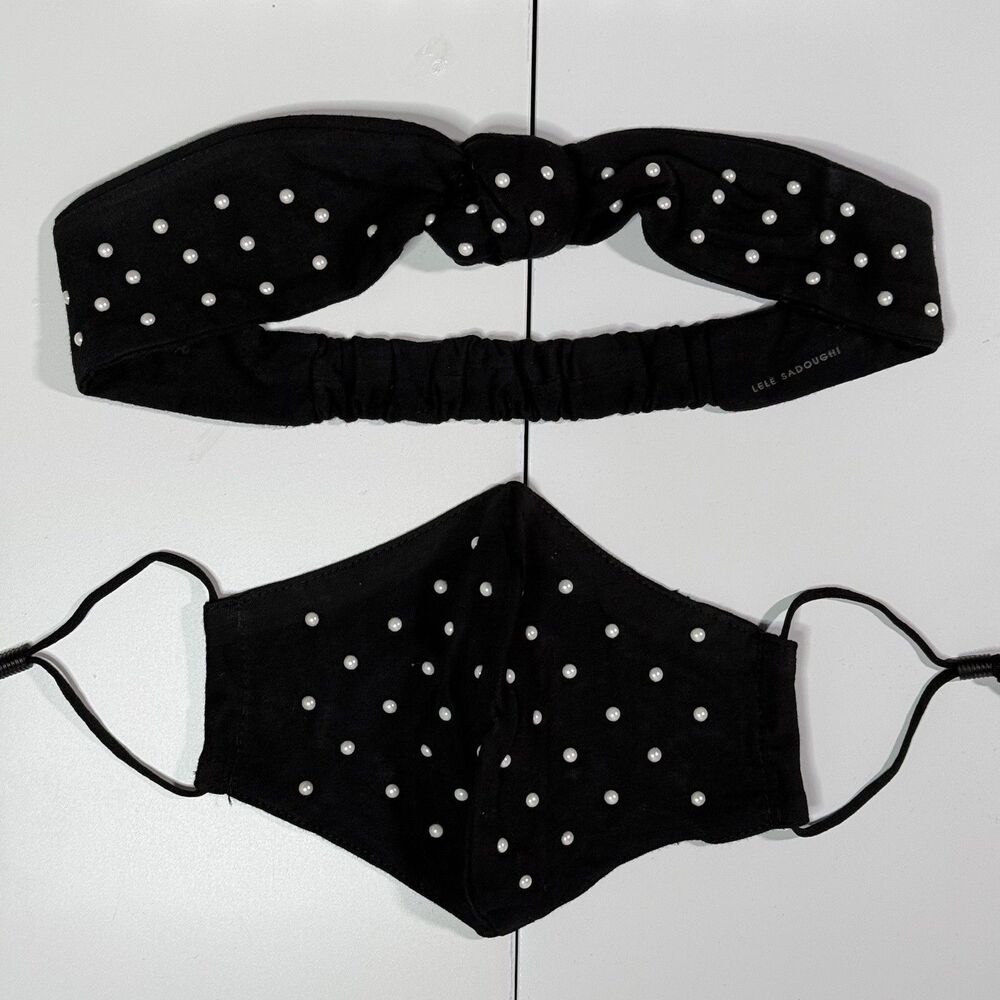 SOLD NWT Lele Sadoughi Black Pearl Dot Headband and Face Mask Set Gossip Girl OS - Picture 8 of 8